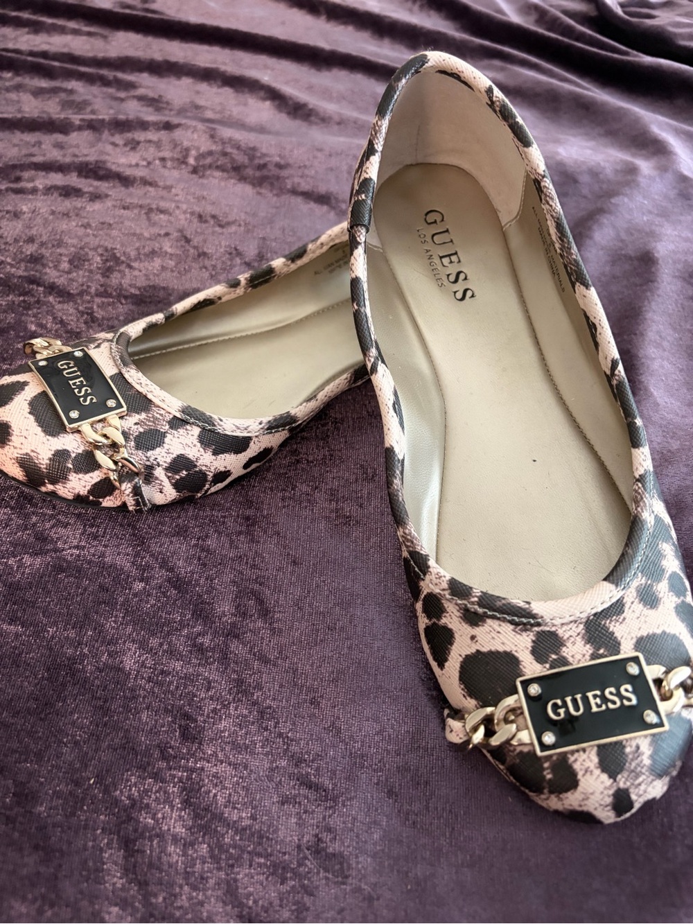 GUESS Pink and Black Leopard-Print Chain Accent Ballet Flats
